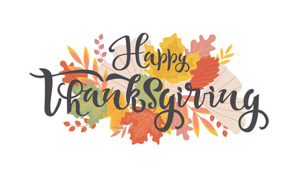Happy thanksgiving celebration quote, text with autumn leaves