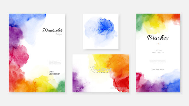 Creative template background set with bright rainbow watercolor stains