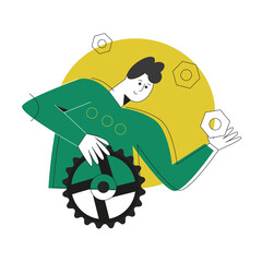 Mechanic in a workshop in the repair proces modern flat vector illustrations with character