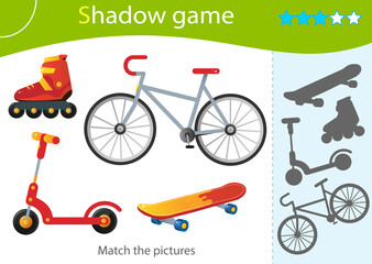 Shadow Game for kids. Match the right shadow. Color image of Bicycle, scooter, skateboard and roller skates. Summer outdoor games and active recreation. Worksheet vector design for children