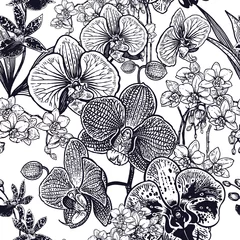 Nahtloses mit Blumenmuster mit tropischen Blumenorchideen. Schwarz und weiß. Vektor. © marinavorona