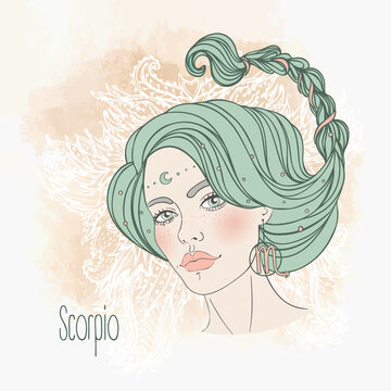 Zodiac Illustration of Scorpio zodiac sign as a beautiful girl. Vector zodiac illustration. Vintage boho style fashion illustration in pastel shades. Coloring book.