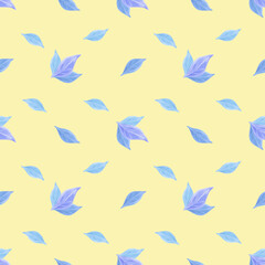 Seamless pattern flying blue leaves on a yellow background. Colorful background for festive design, packaging, wallpaper, fabric, textile, stationery, accessories.