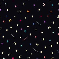 Vector seamless pattern with multicolored stars on black background. For fabric, textile, linen, wallpaper, gift and wrapping paper, greeting card, children's holiday and party invitations, pajamas.