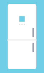 White large modern refrigerator with digital display and freezer. Tech minimal design. Kitchen freezing equipment. Food and drink storage. Frozen vegetables. Flat fridge vector image isolated on blue