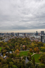 The Rotterdam skyline from the top of the TV Tower, under a grey autumn sky with a park in the foreground 