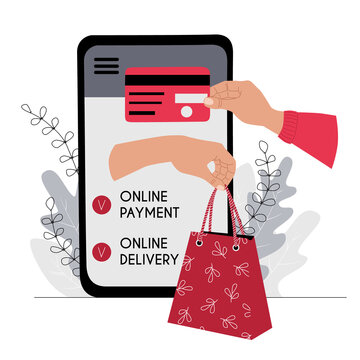 Online payment and delivery concept illustration. A hand holds out a credit card to a smartphone to pay for the goods. The other hand holds out a shopping bag. Stock vector flat for ui ux web design