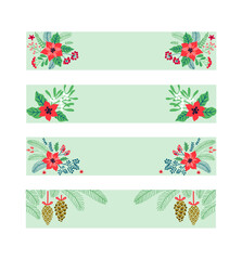 Christmas banners set. Creative cards with winter plants on a light blue background. Festive header design for Merry Christmas and happy new year.