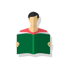 Color book guy icon on white background with shadow. The boy teaches lessons. Read a book. Back to school. School theme. September 1. Vector EPS10