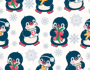 Seamless pattern with cute penguins