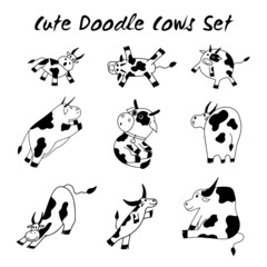 Vector set of icons. 9 doodle cows, isolated on white background. Stickers or decorative elements