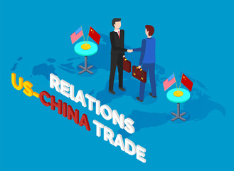 Isometric image of two business partners shaking hands, conclusion of contract. US and China trade relations. Table with american and chinese flag. Businessmen stand on conceptual blue world map