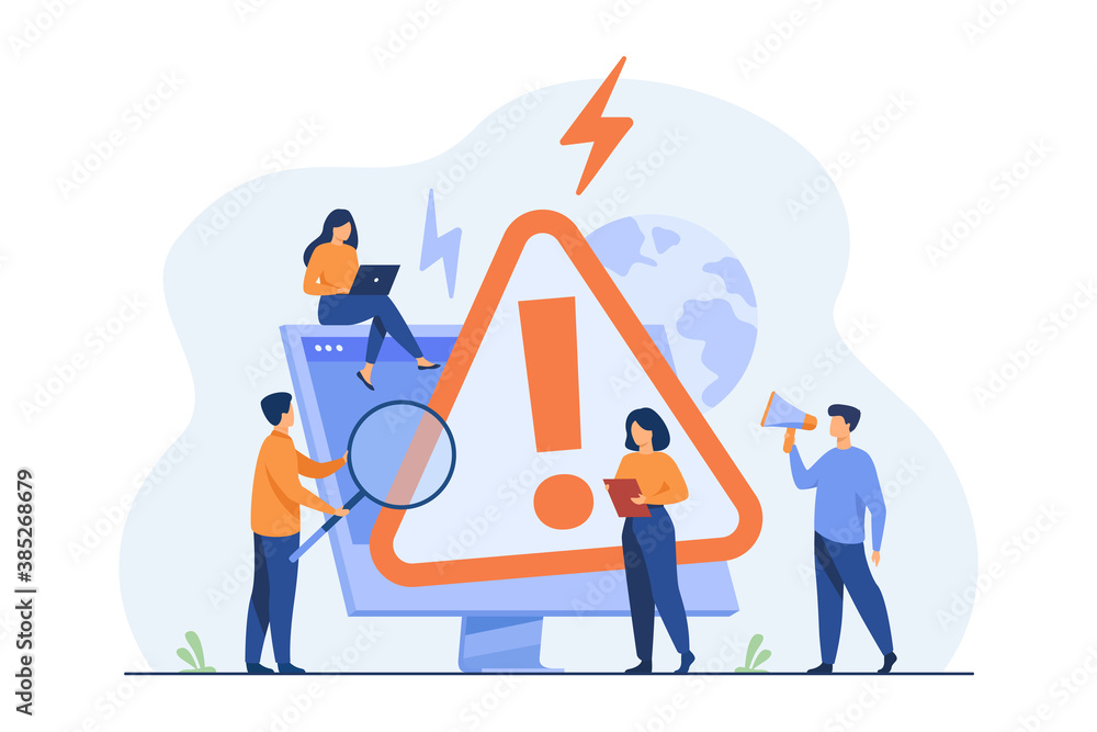 Poster tiny people examining operating system error warning on web page isolated flat vector illustration. 