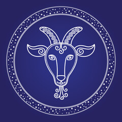 Capricorn zodiac constellation in starry circle isolated on blue color. Contour of space mystic character, element of birthday moth. Astrology card with outline of horns animal in round shape vector