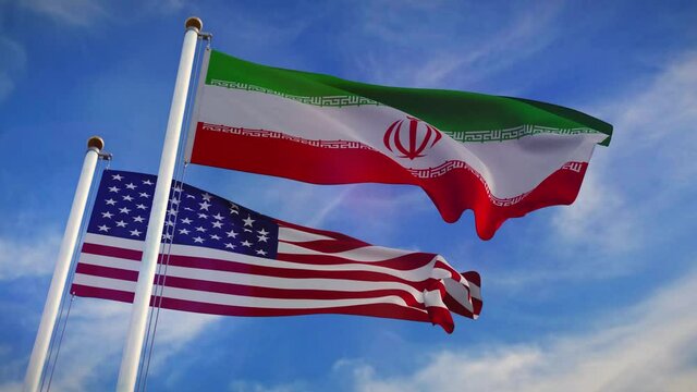 Iranian and United States American flags showing government aggression and disagreement. Diplomatic relationship between countries has political confrontation and policy.