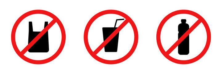 No plastic sign. Prohibited icon on white background. Red circle symbol with plastic bag and bottle inside. Illustration of pollution. Stop packet use. Isolated warning poster. Vector EPS 10.