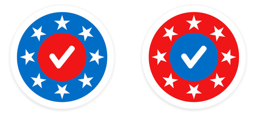 I voted badge. Presidential election in America 2020. Voting day in USA. Election campaign with stars. Blue and red round banner in american style. Motivation template. Vector EPS 10.