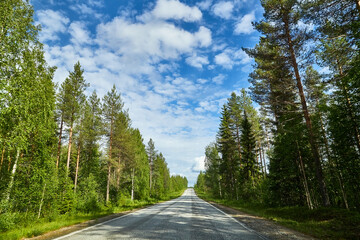 Fototapeta na wymiar Beautiful landscape with blue sky, white clouds and the road that goes to the horizon with the forest and trees on the roadsides