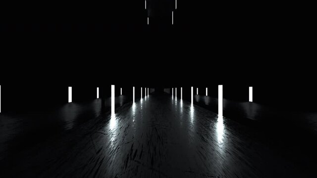 Black mirror space with slippery floor and a row of lights, computer generated. 3d rendering of abstract perspective backdrop