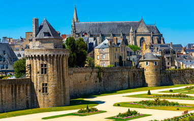 Fototapeta na wymiar Picturesque view of old city walls and houses of Vannes town in Morbihan department, France