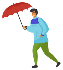 Young man in blue jacket or windbreaker, green pants, jeans walking with red umbrella in hands. Strong wind and rain. Dress warmly when bad weather. Autumn nasty weather. Man overcomes windy gusts
