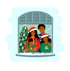 African american family at Christmas staying by the window together at home. Parents with kids. Cute vector illustration drawing in flat style.