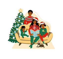 Obraz na płótnie Canvas Happy african american family at Christmas sitting on the sofa. Parents with kids on the Christmas tree background. Happy people at home. Cute vector flat illustration.