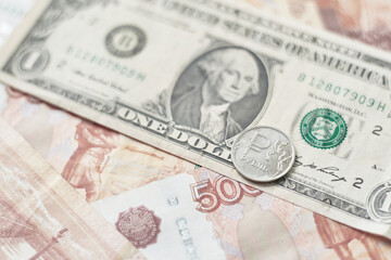 A lot of Russian money banknotes rubles, calculator, receipts, documents, pen background, isolation