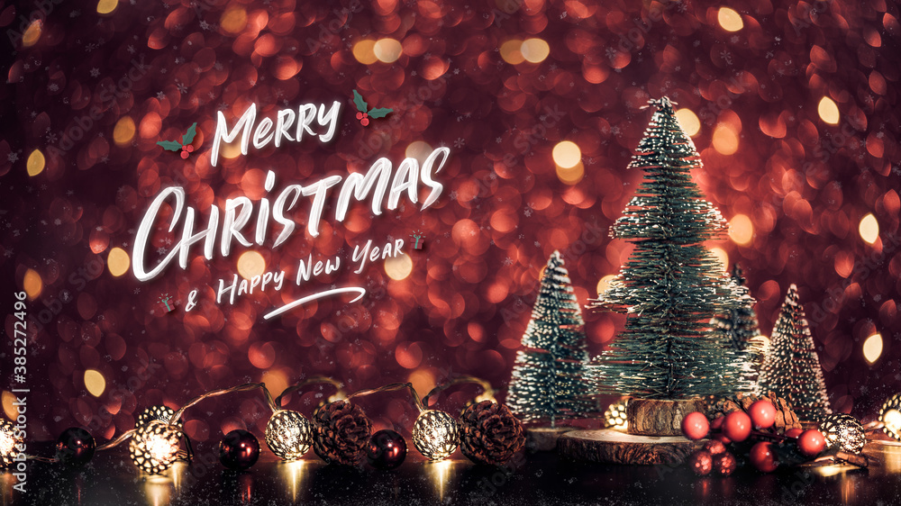 Poster merry christmas and happy new year text over xmas tree on red glitter sparkling string lights festiv