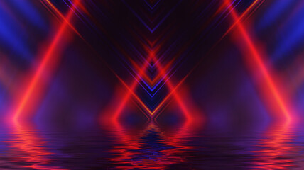 Abstract dark futuristic background. Ultraviolet neon light rays are reflected off the water. Background of empty stage show, beach party. 3d illustration