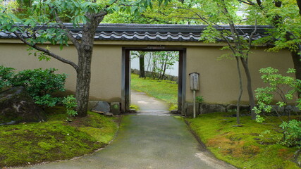 Japanese temple garden with moss, maple trees, gates and bridges