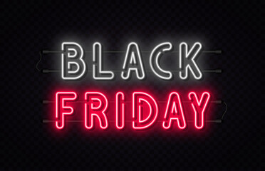 Fototapeta na wymiar Black Friday sale. Black Friday neon sign on transparent background. Glowing white and red neon text for advertising and promotion. Banner and background, brochure and flyer design concept
