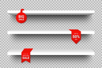 Set of store shelves, front view. White empty shop shelves, showcase display isolated on transparent background. Realistic 3d store display with sale tags and wobblers © Yevhenii