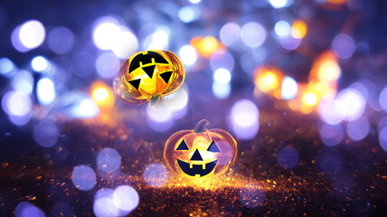 Neon glowing pumpkin head on abstract blurred bokeh background. Festive Halloween background with cobwebs and pumpkin.