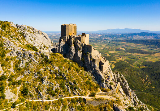 Panoramic view of castle Chateau de Queribus. Aude department. Languedoc-Roussillon region. France