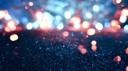 Dark blurred abstract background. Blaze of blurry lights. Reflection of city lights on the asphalt....