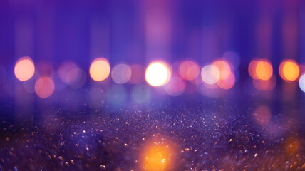 Dark blurred abstract background. Blaze of blurry lights. Reflection of city lights on the asphalt....