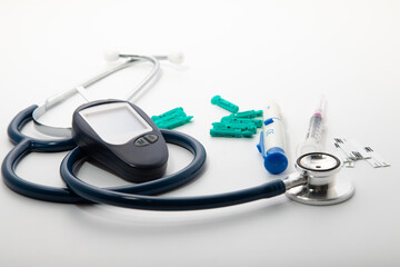 Medical equipment on white background. Healthcare and medical background concept. blood test equipment for diabetes and glucose meter