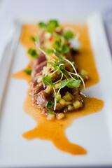 Steak tartare. Classic American restaurant or French bistro appetizer classic. Steak diced, mixed with eggs, red onions, olive oil, lemon juice, garlic and capers. Served with garlic bread.