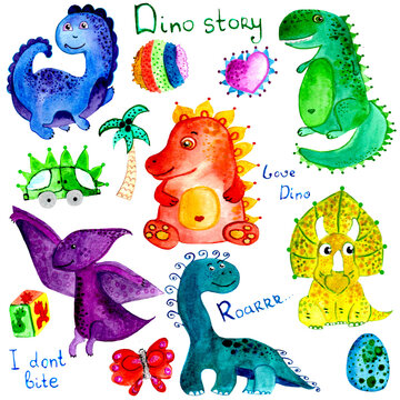 dinosaurs watercolor illustration for children's textiles, prints, stickers, wallpapers.