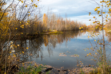 September landscape near the forest lake in the autumn day