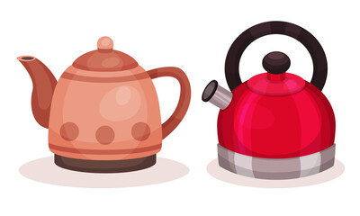 Kettle as Pot for Boiling Water with Lid, Spout and Handle Vector Set