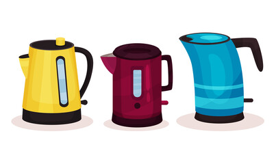 Kettle as Pot for Boiling Water with Lid, Spout and Handle Vector Set