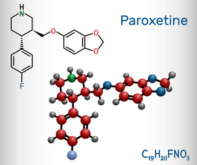 Paroxetine, antidepressant, selective serotonin reuptake inhibitor SSRI, molecule. It is used in the therapy of depression, anxiety disorders. Structural chemical formula and molecule model