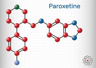 Paroxetine, antidepressant, selective serotonin reuptake inhibitor SSRI, molecule. It is used in the therapy of depression, anxiety disorders. Sheet of paper in a cage