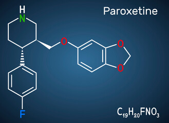 Paroxetine, antidepressant, selective serotonin reuptake inhibitor SSRI, molecule. It is used in the therapy of depression, anxiety disorders. Structural chemical formula on the dark blue background