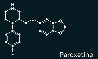 Paroxetine, antidepressant, selective serotonin reuptake inhibitor SSRI, molecule. It is used in the therapy of depression, anxiety disorders. Skeletal chemical formula on the dark blue background
