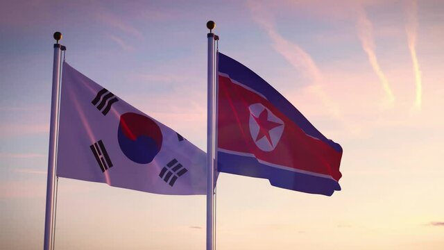 South and North Korea flags show the tension and confrontation between Seoul and pyongyang. Korean crisis on the DMZ and from nuclear missiles.