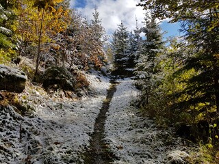 Wanderweg im Herbst mit Schnee in den Bergen