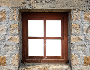 Vintage wooden window on a rustic cabine stone wall with blank space for copy
